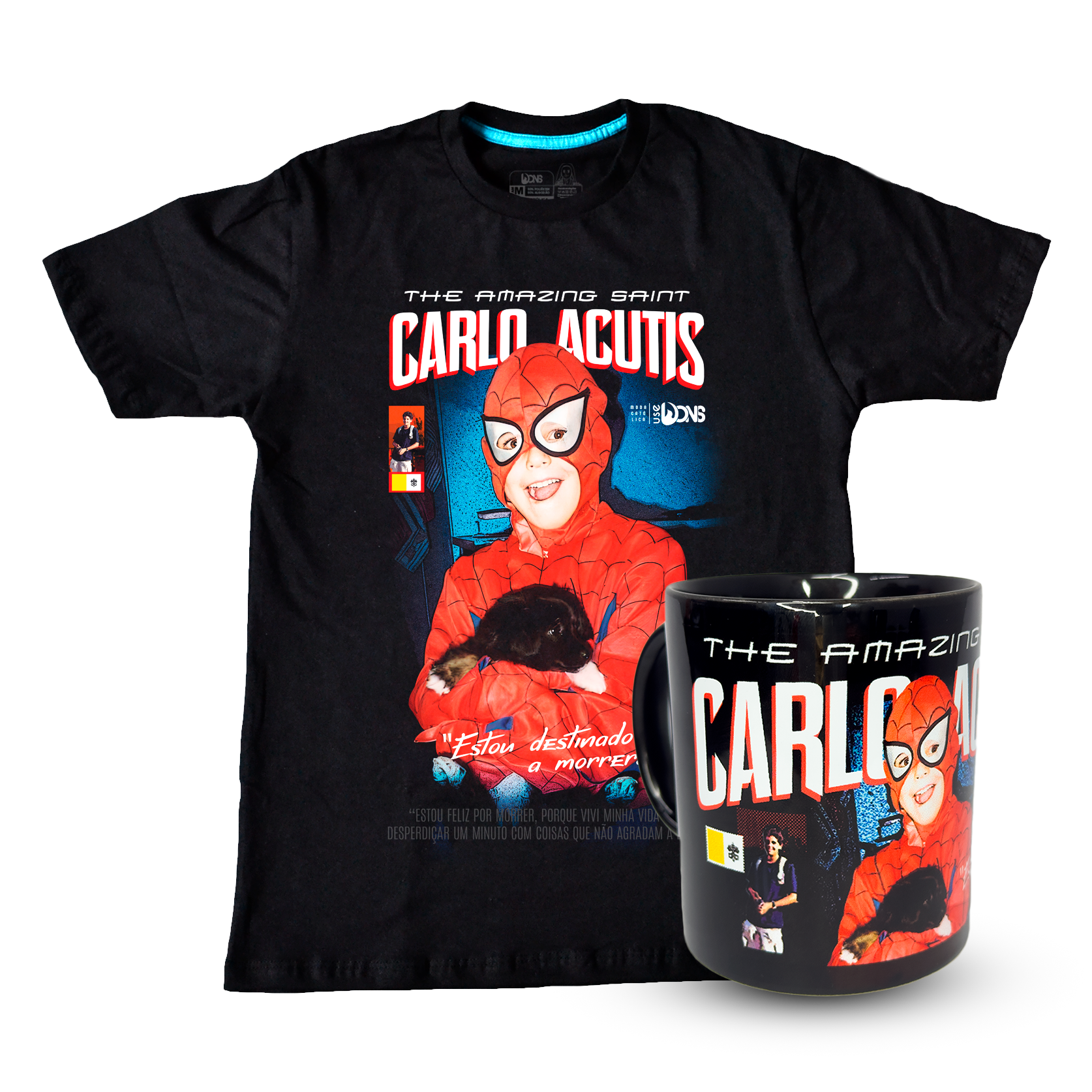 Kit Camiseta São Carlo Acutis - Super Heroi + Caneca Preto
