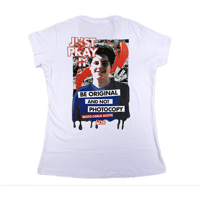 Women’s Fitted Tee – Carlo Acutis Photocopy
