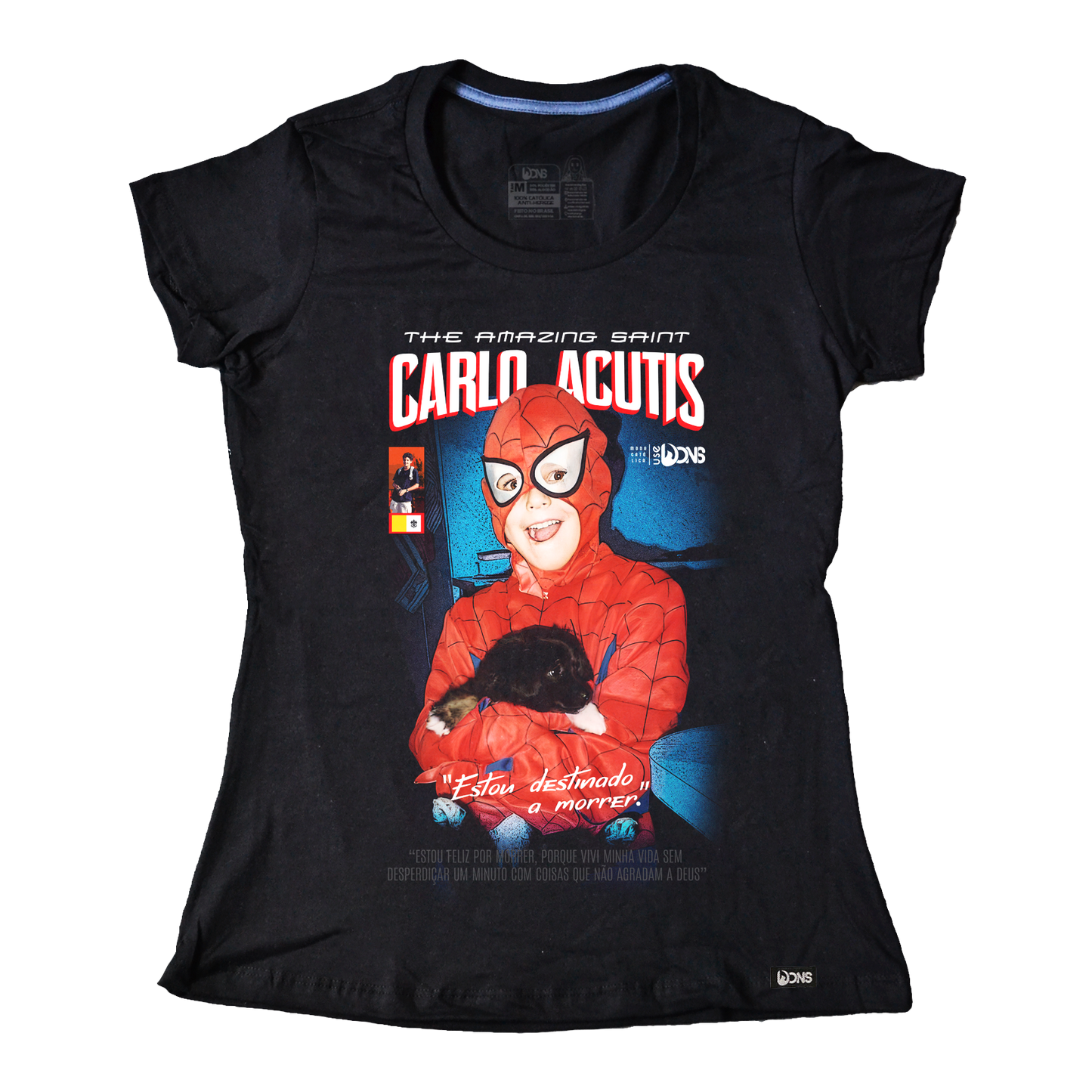 Women’s Fitted Tee – Saint Carlo Acutis Superhero - Black