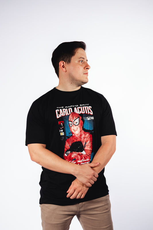 Camiseta São Carlo Acutis - Super Heroi cor preto
