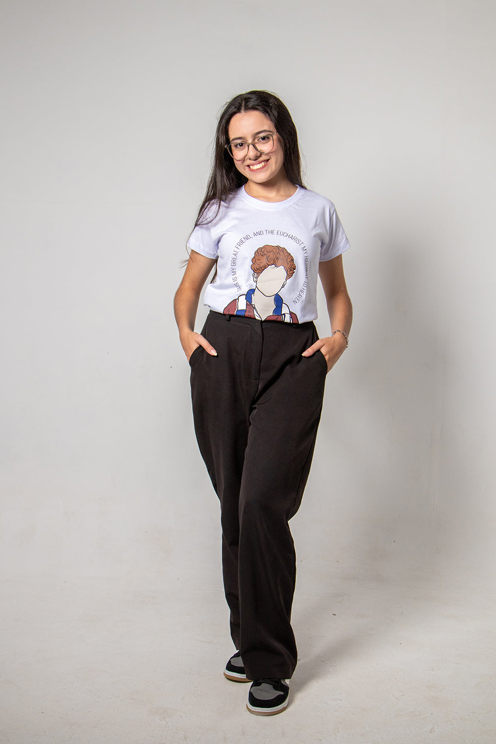Women’s Fitted Tee – Carlo Acutis Illustration