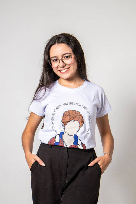 Women’s Fitted Tee – Carlo Acutis Illustration