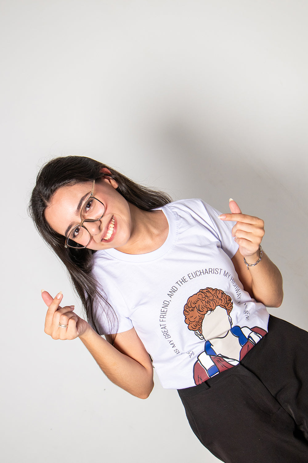 Women’s Fitted Tee – Carlo Acutis Illustration