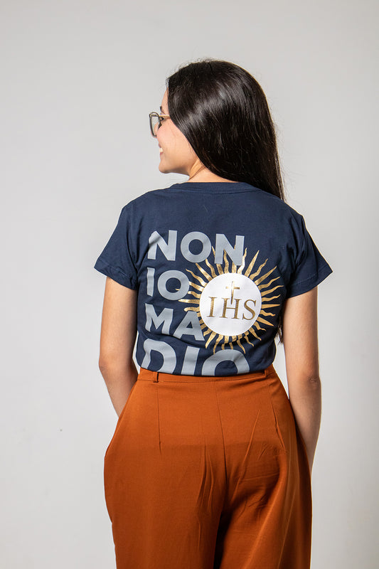 Women’s Fitted Tee – Saint Carlo Acutis “Not I, but God” - Navy