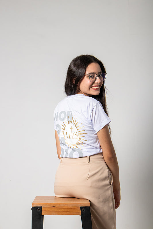 Women’s Fitted Tee – Saint Carlo Acutis “Not I, but God” - White