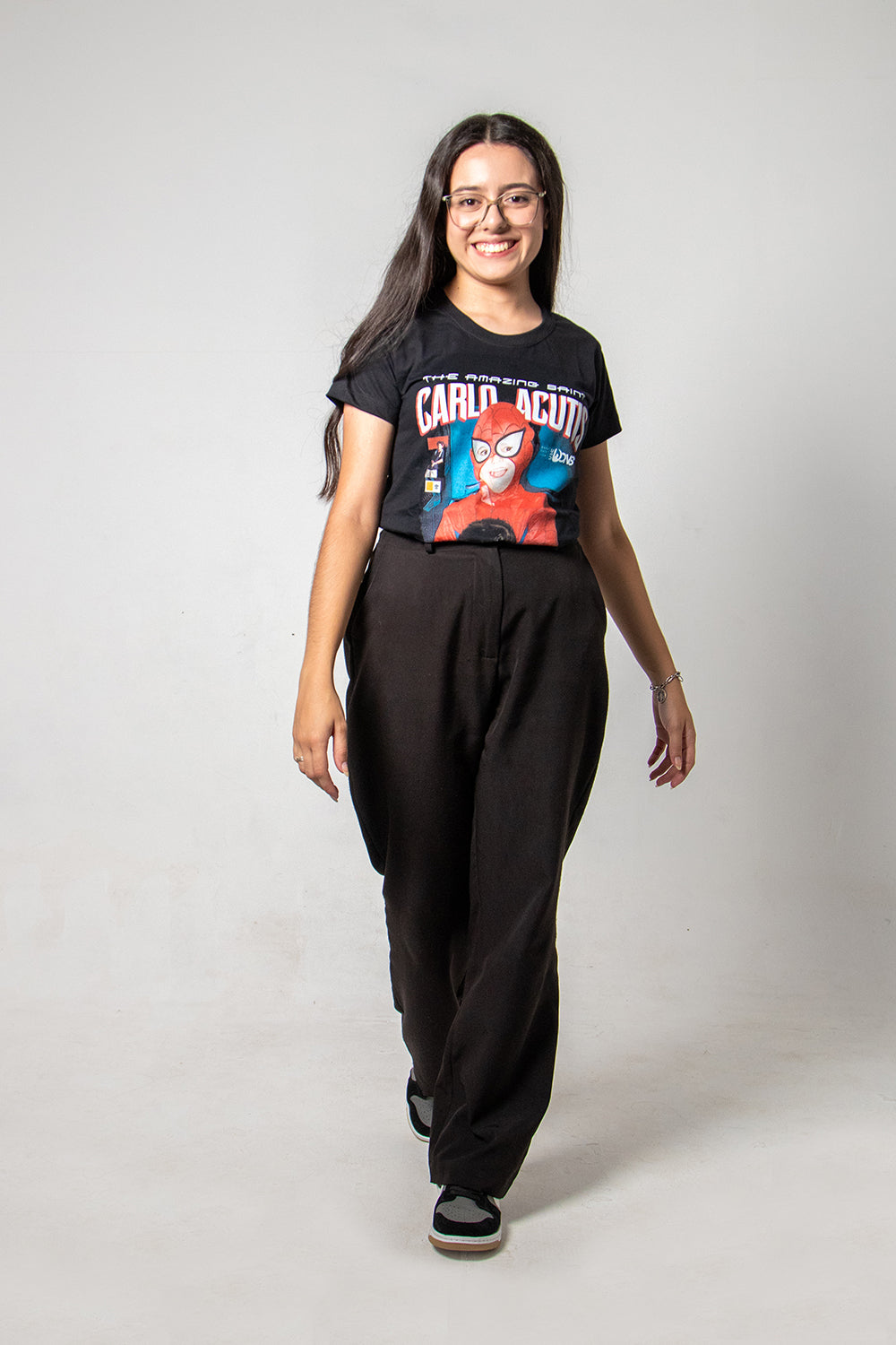 Women’s Fitted Tee – Saint Carlo Acutis Superhero - Black