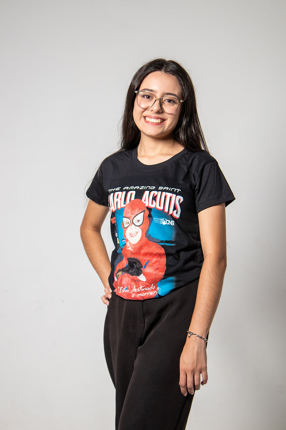 Women’s Fitted Tee – Saint Carlo Acutis Superhero - Black