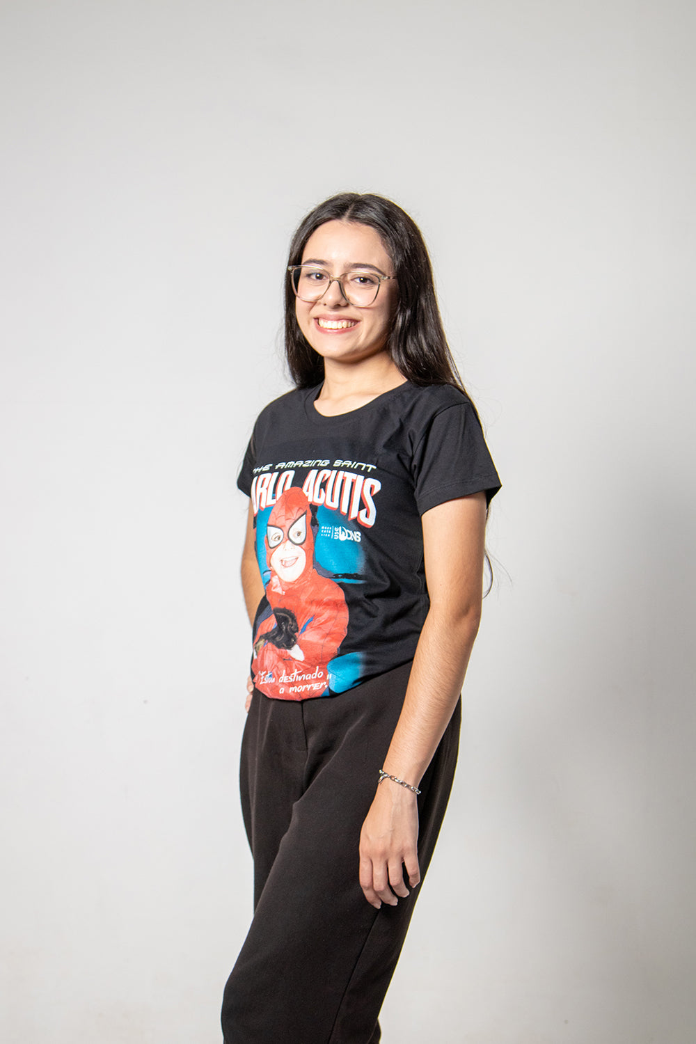 Women’s Fitted Tee – Saint Carlo Acutis Superhero - Black