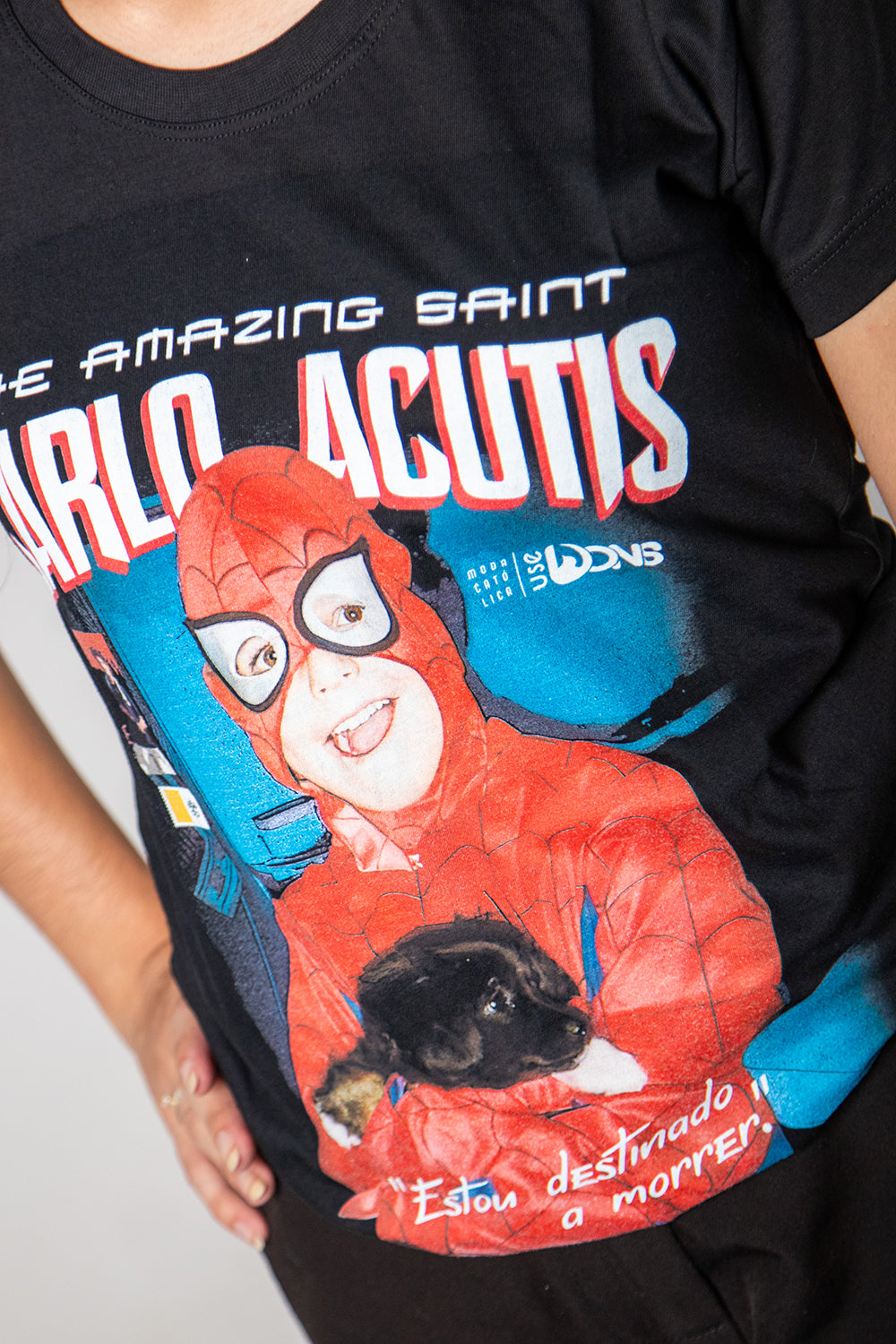 Women’s Fitted Tee – Saint Carlo Acutis Superhero - Black