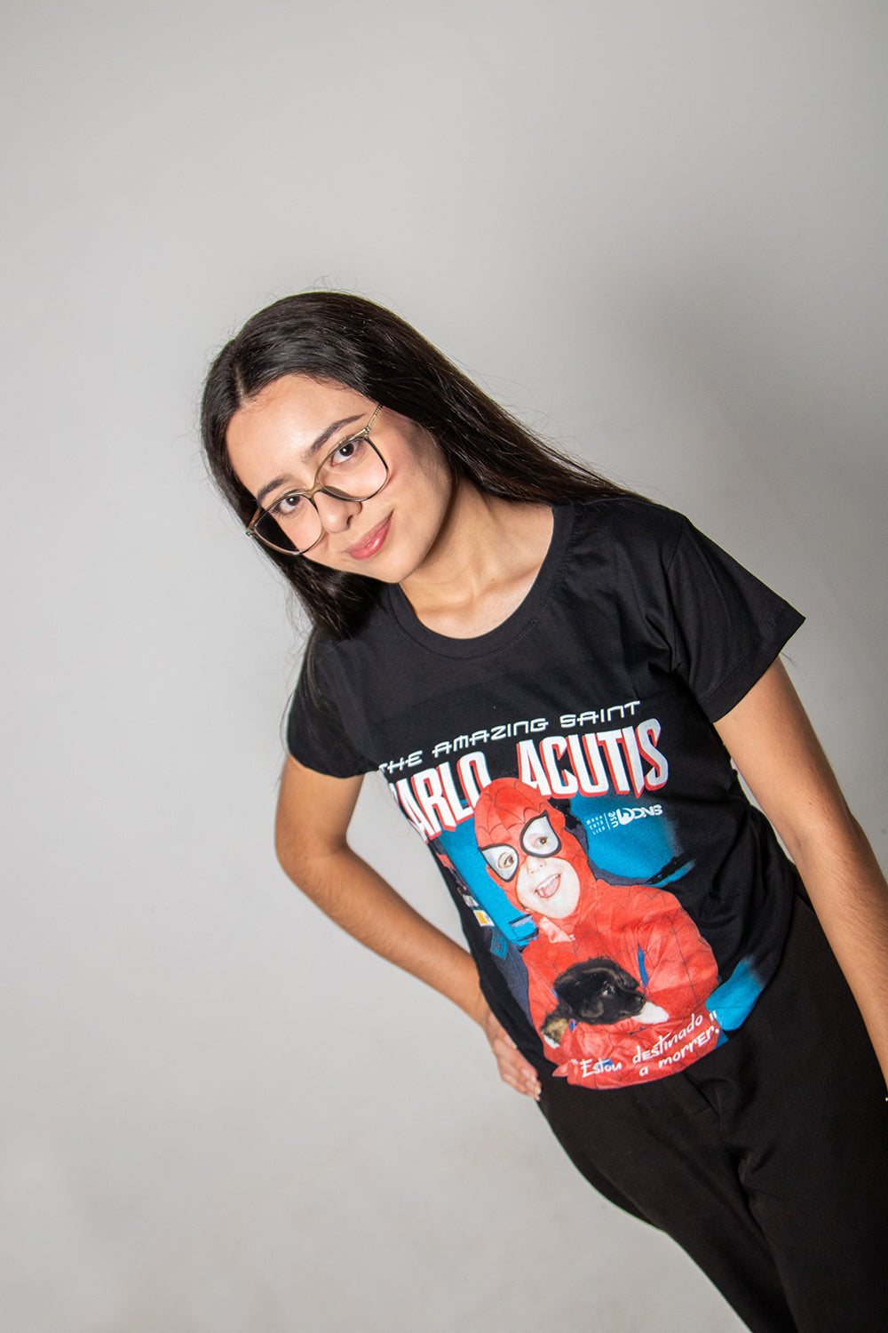 Women’s Fitted Tee – Saint Carlo Acutis Superhero - Black