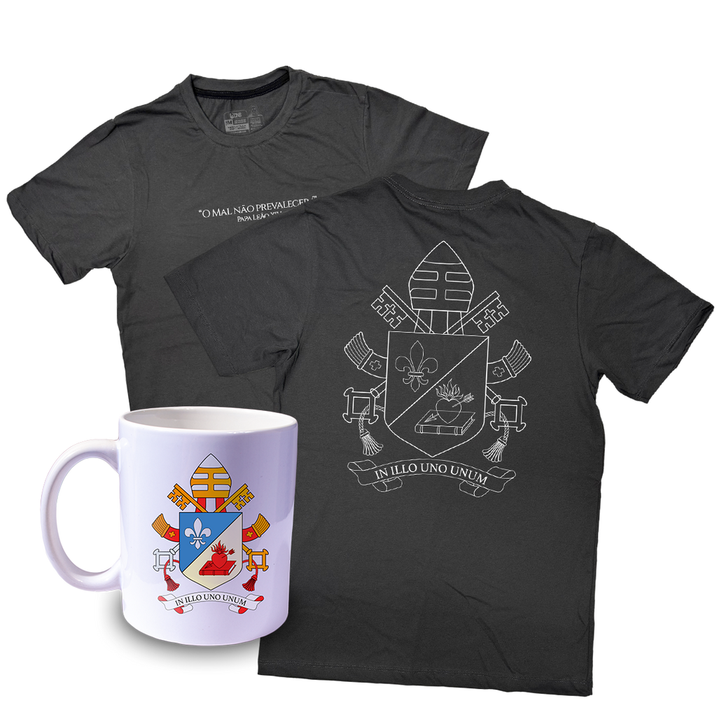 Kit Camiseta O mal não prevalecerá - Papa Leão XIV + Caneca ref 3243