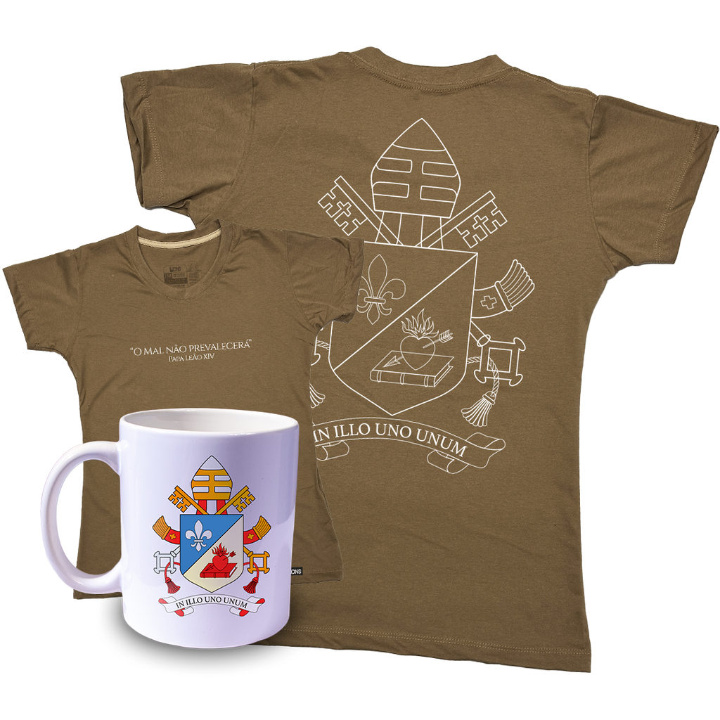 Kit Baby Look O mal não prevalecerá - Papa Leão XIV + Caneca ref 3243